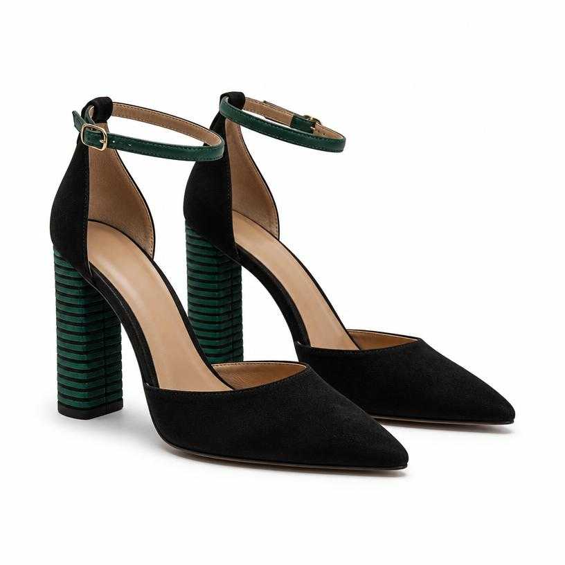 Generated item image of fitted black pointed toe suede-like upper ankle-strap heels