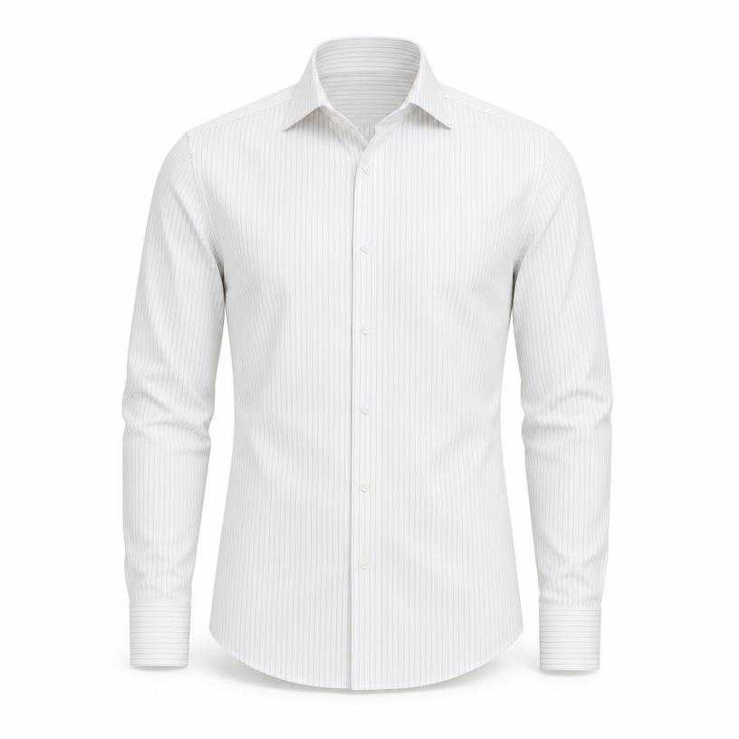 Generated item image of fitted white fine striped woven cotton-like shirting collared shirt