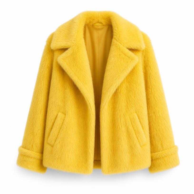 Generated item image of relaxed bright yellow short faux fur coat
