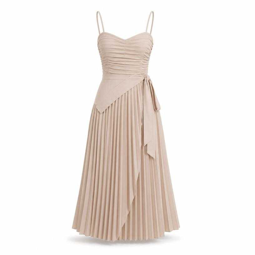Generated item image of fitted pale beige strappy ruched woven fabric midi dress