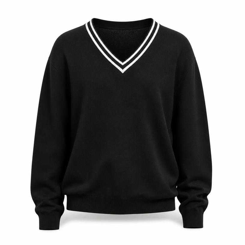 Generated item image of relaxed black striped v-neck trim knit top