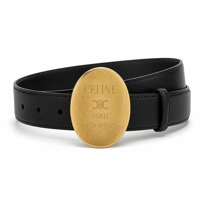 Generated item image of black gold oval buckle leather metal belt