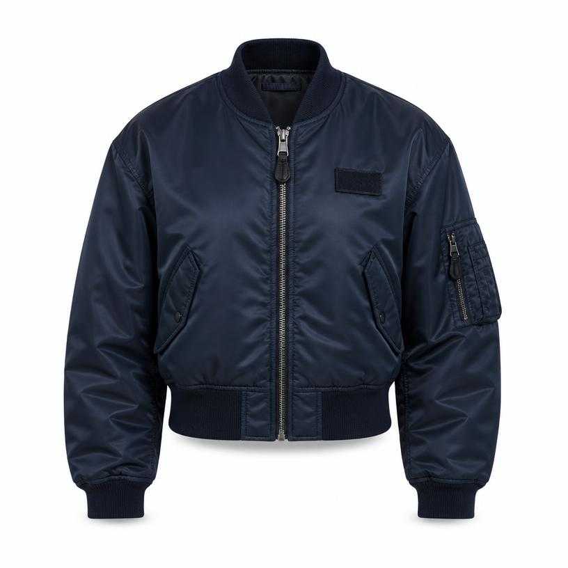 Generated item image of relaxed dark navy blue cropped nylon satin bomber jacket