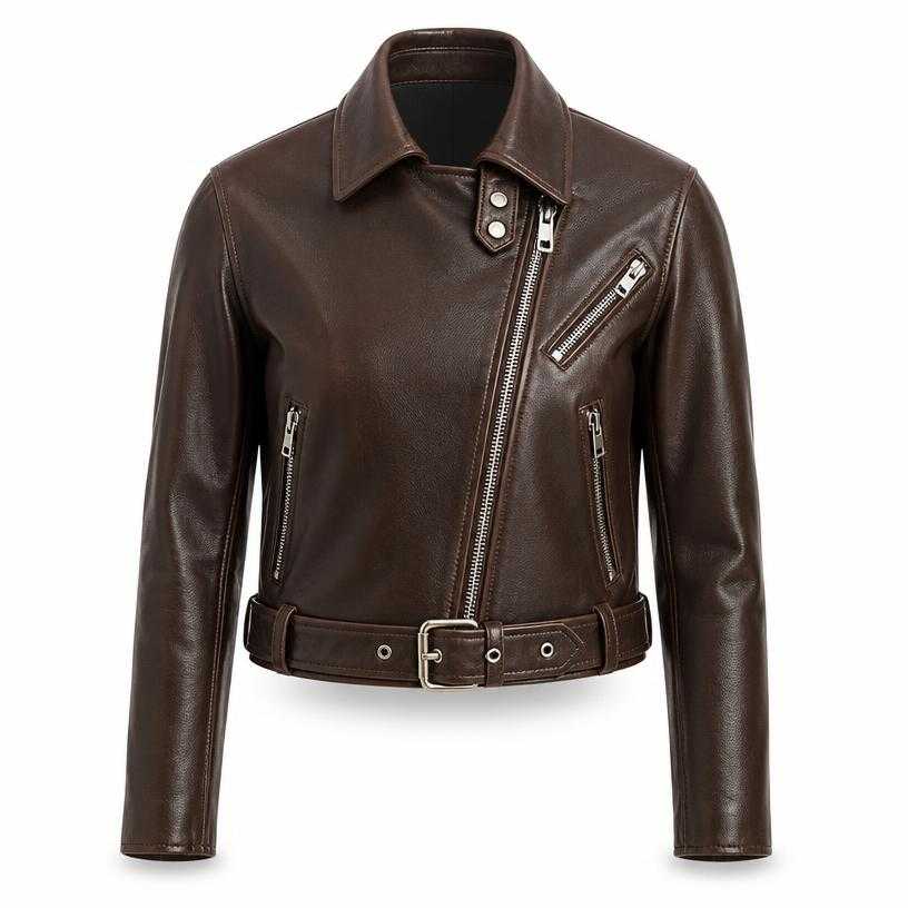 Generated item image of fitted dark brown cropped leather moto jacket