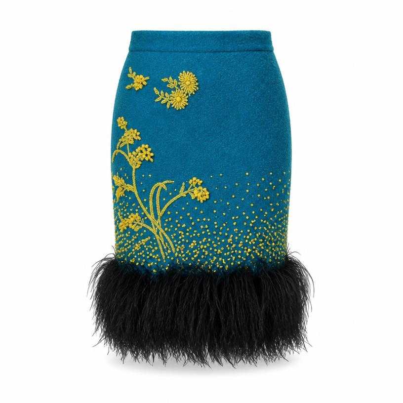 Generated item image of fitted teal blue feather trim skirt
