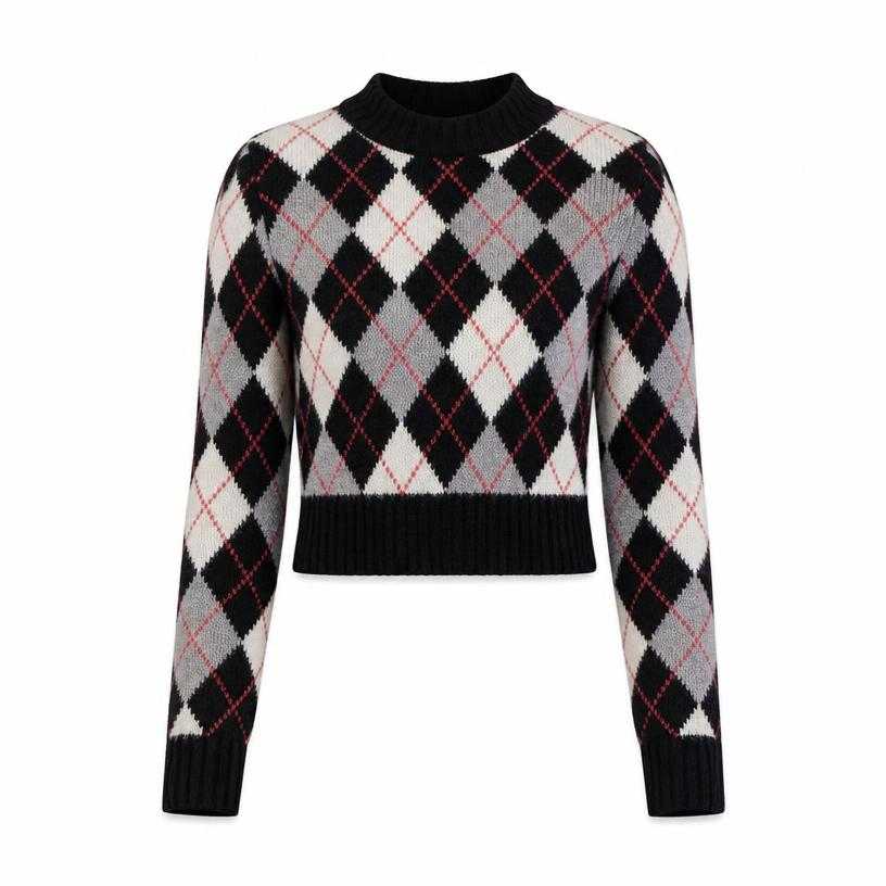 Generated item image of fitted black white grey cropped fuzzy knit argyle sweater