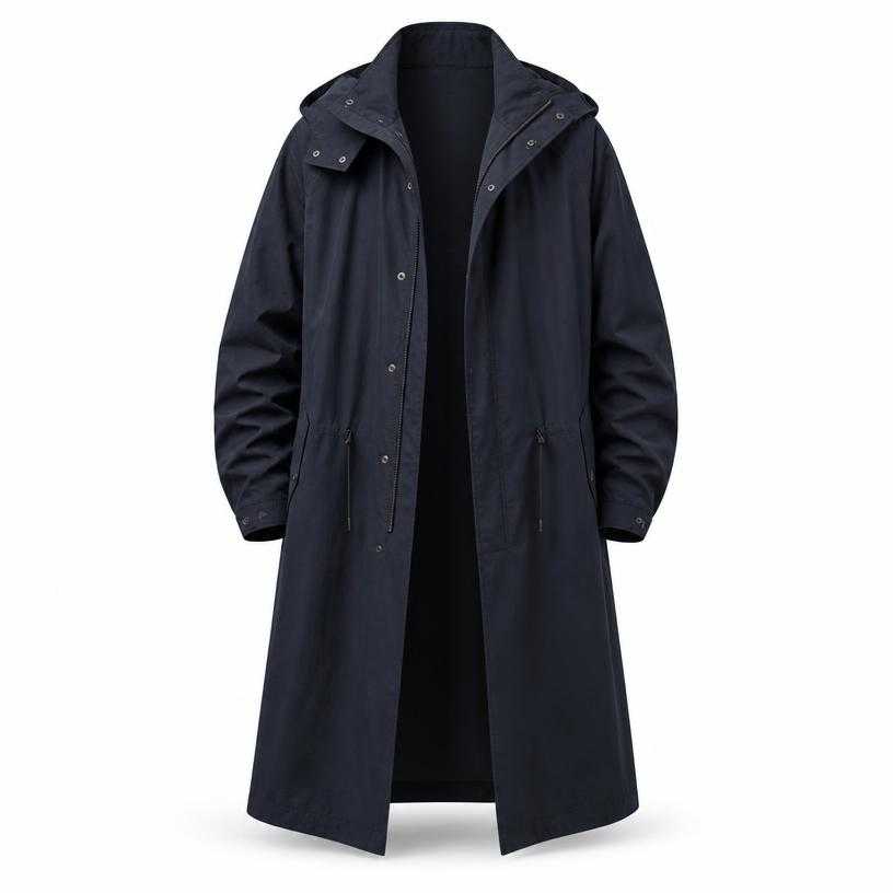 Generated item image of relaxed dark navy long technical woven fabric outer coat
