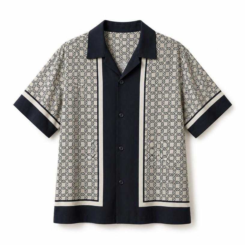 Generated item image of relaxed navy-black ivory grey geometric print woven fabric camp-collar shirt