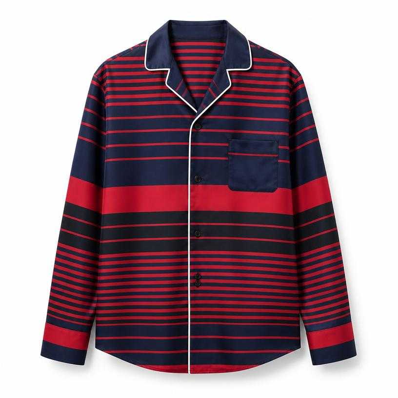 Generated item image of relaxed navy and red striped smooth woven fabric button-front shirt