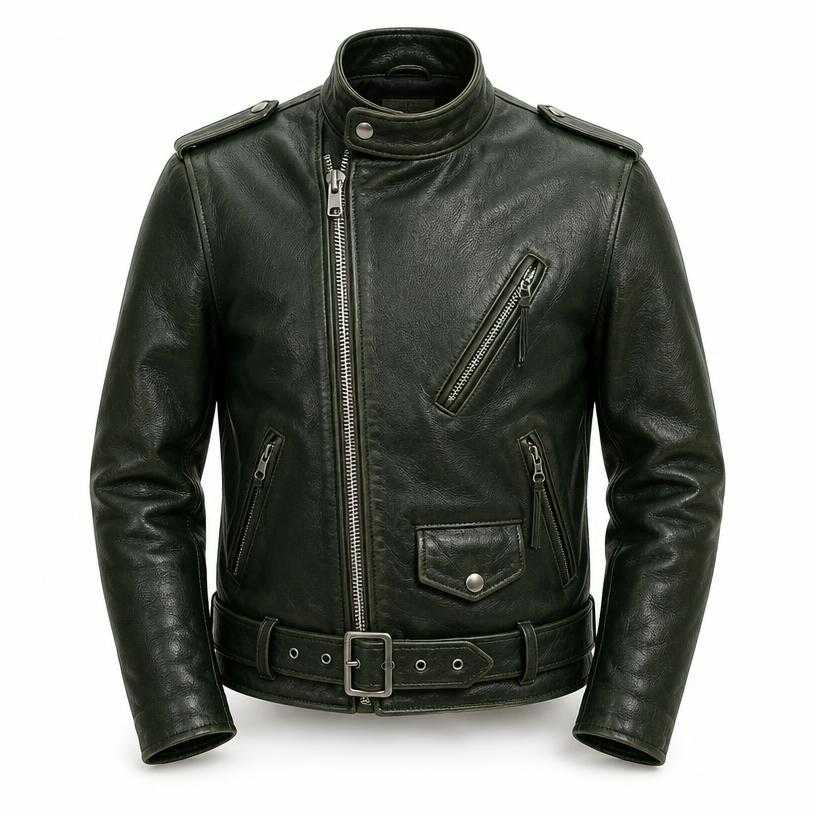 Generated item image of fitted dark forest green asymmetric zip leather biker jacket