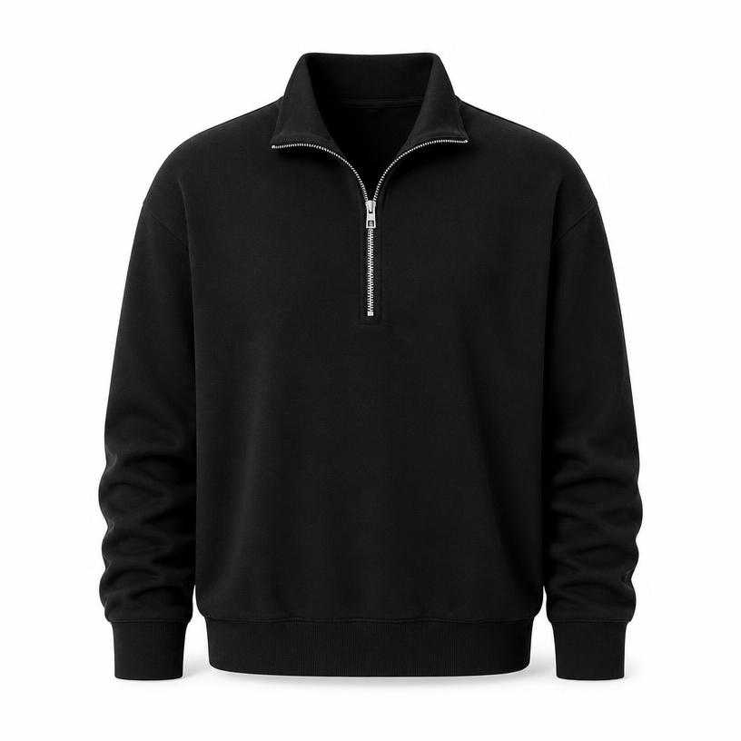 Generated item image of relaxed black stand collar half-zip pullover