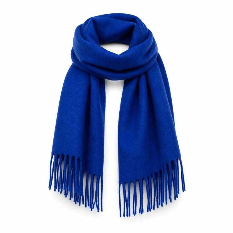 Generated item image of relaxed cobalt blue fringed wool-like textile scarf