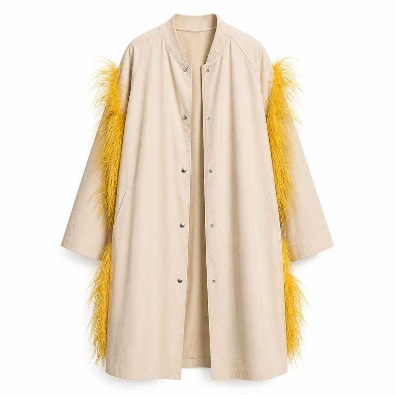 Generated item image of oversized cream with yellow feather trim smooth woven fabric coat