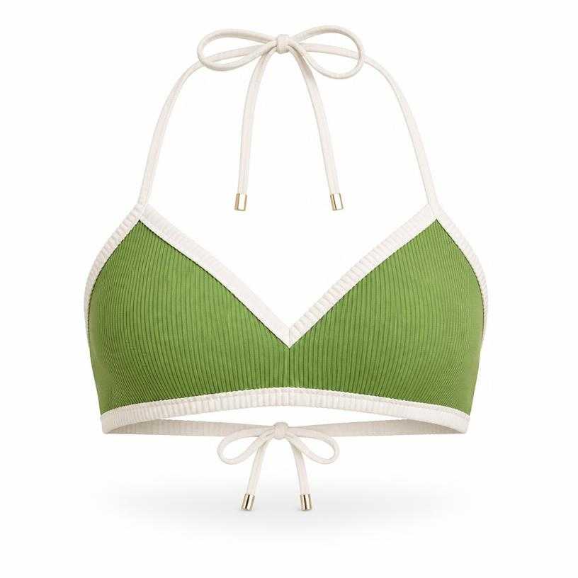 Generated item image of fitted green and white contrast trim ribbed swim fabric bikini top