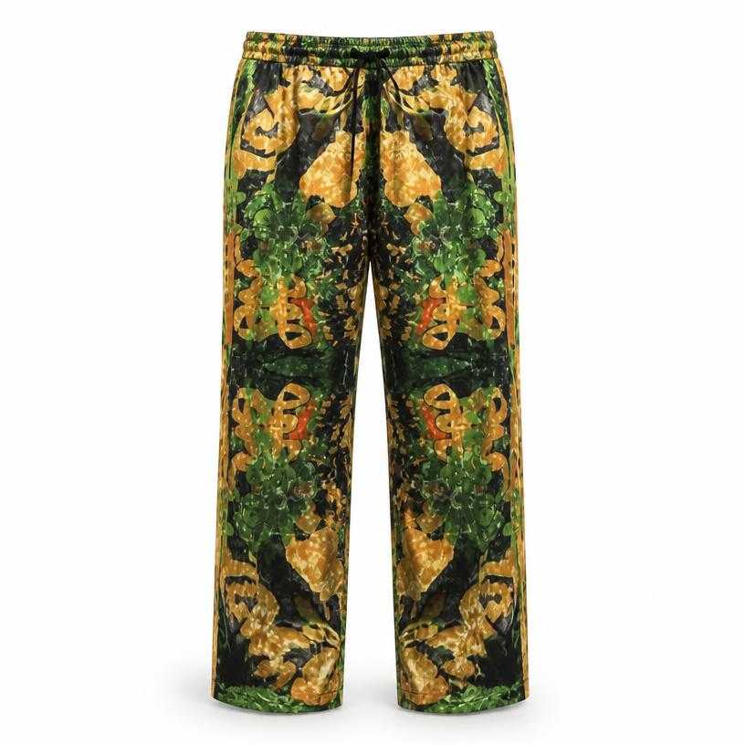 Generated item image of relaxed green gold multicolor printed lightweight woven fabric drawstring pants