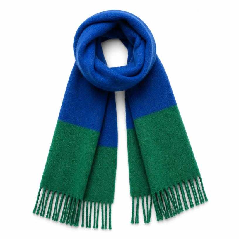 Generated item image of relaxed blue and green fringed woven fabric scarf