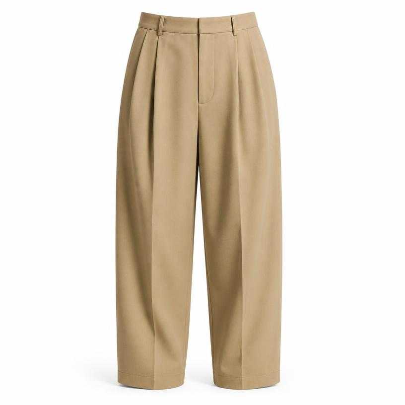 Generated item image of relaxed beige tan pleated woven suiting fabric trousers