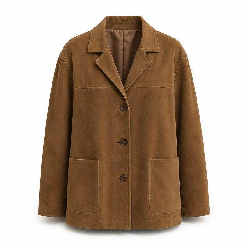 Generated item image of relaxed warm medium brown hip-length suede-like leather jacket
