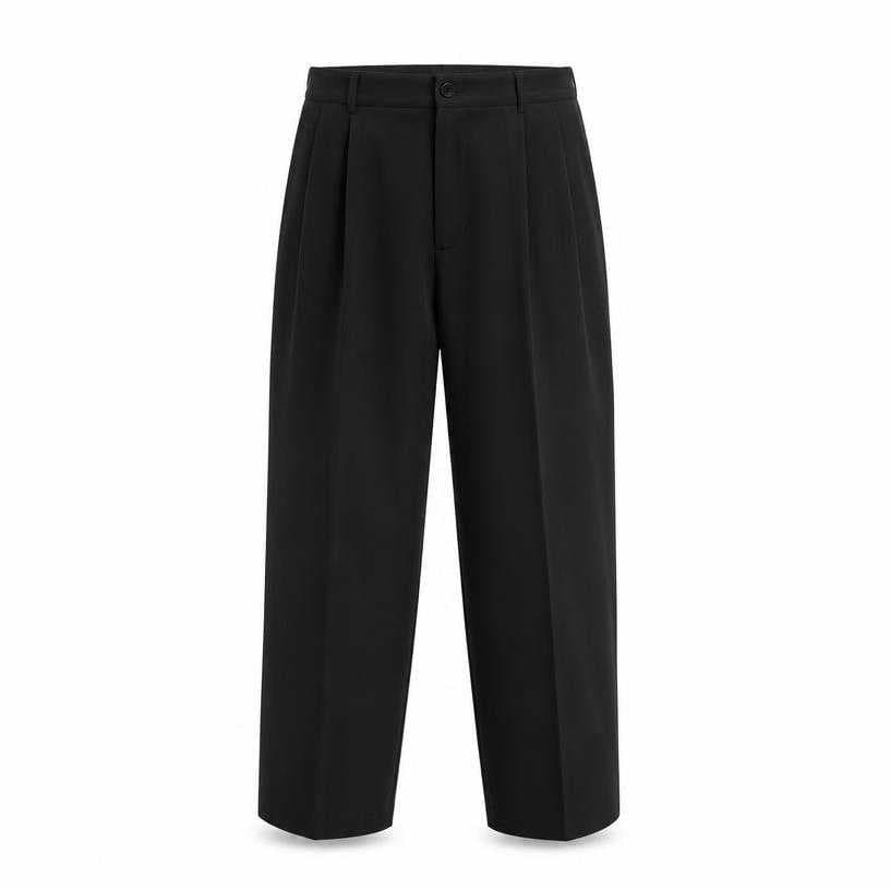 Generated item image of relaxed black pleated matte woven fabric trousers