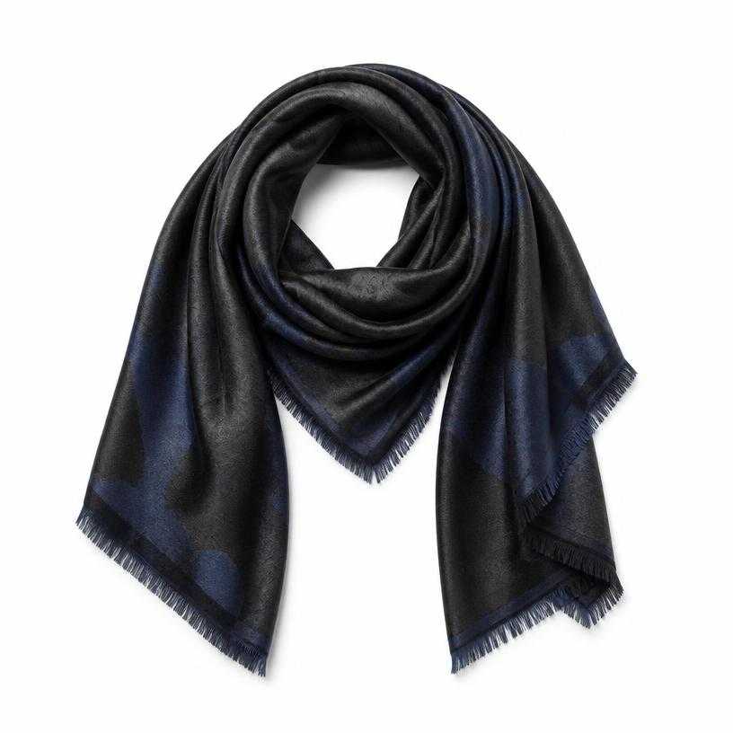 Generated item image of relaxed charcoal black fringed satin-like woven fabric neck scarf