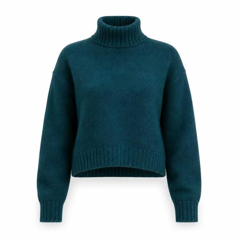 Generated item image of relaxed deep teal ribbed turtleneck knit wool blend cropped sweater