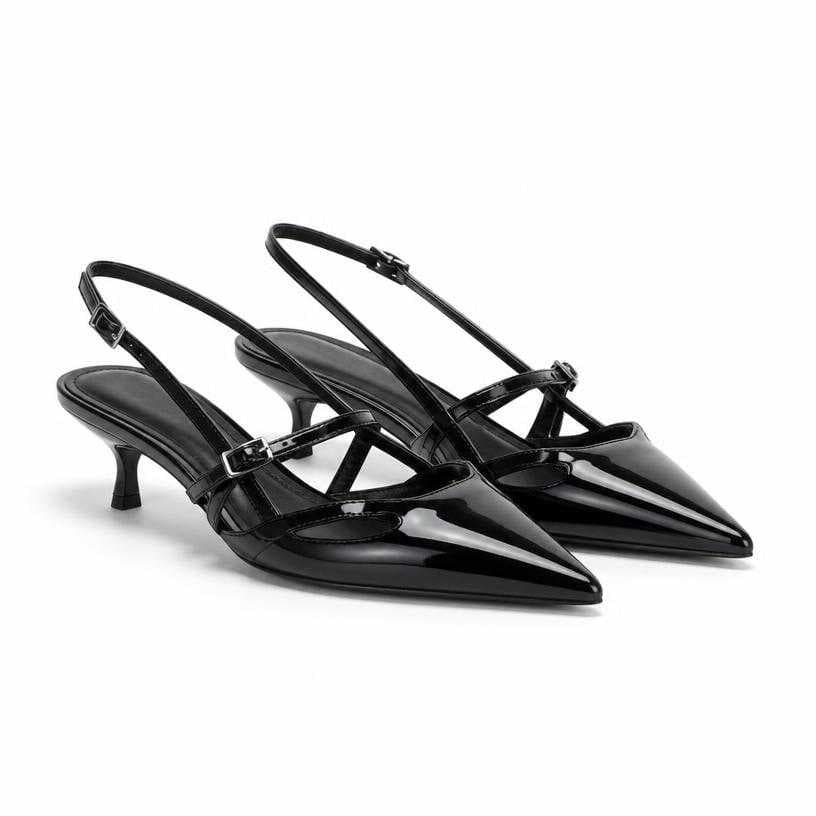Generated item image of fitted black pointed toe patent leather slingback heels