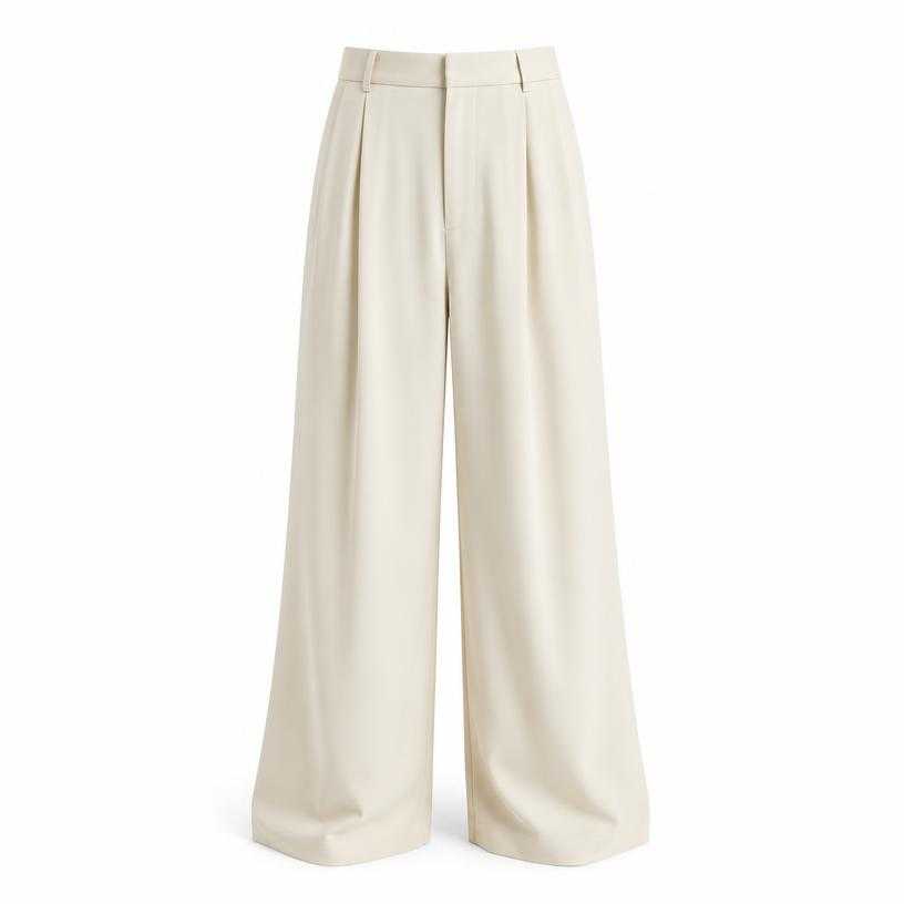 Generated item image of relaxed cream pleated woven fabric wide-leg trousers