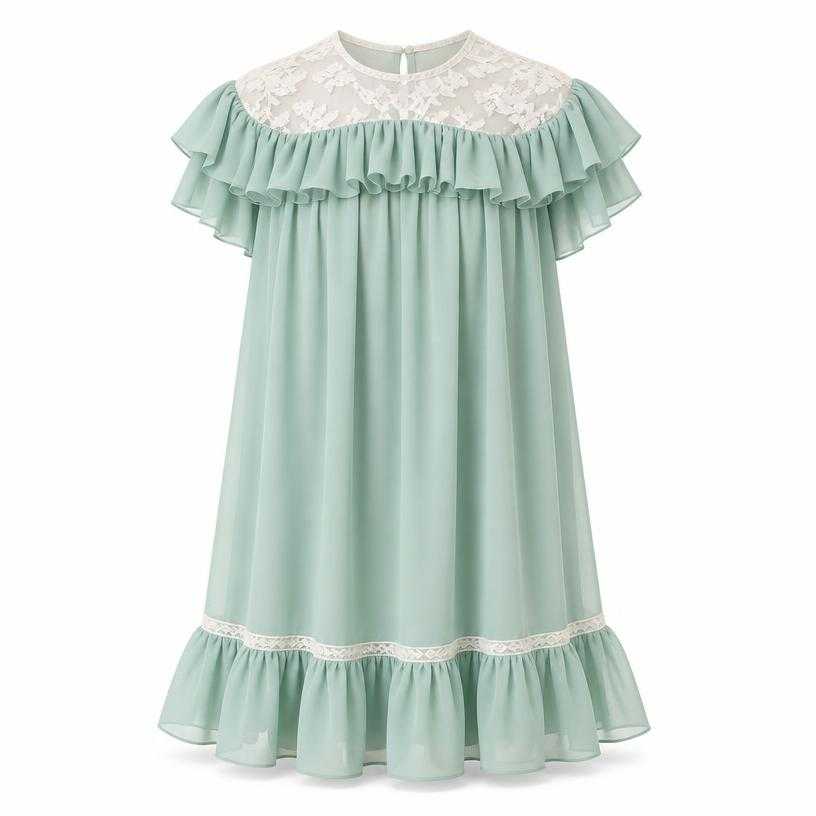 Generated item image of oversized mint green lace yoke sheer fabric dress