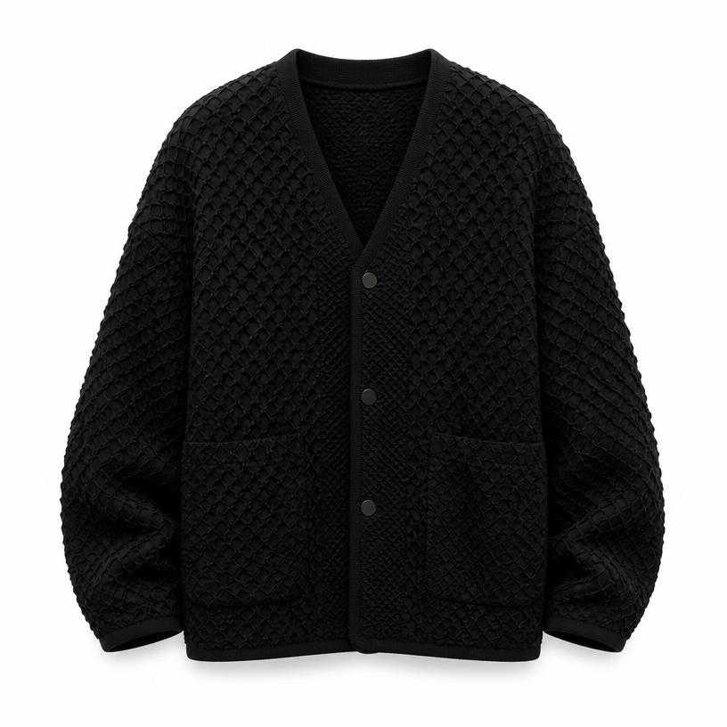 Generated item image of oversized black button front heavy textured knit cardigan jacket