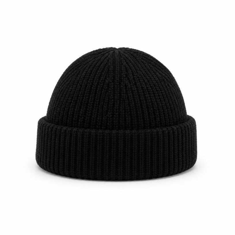 Generated item image of fitted black folded cuff ribbed knit beanie