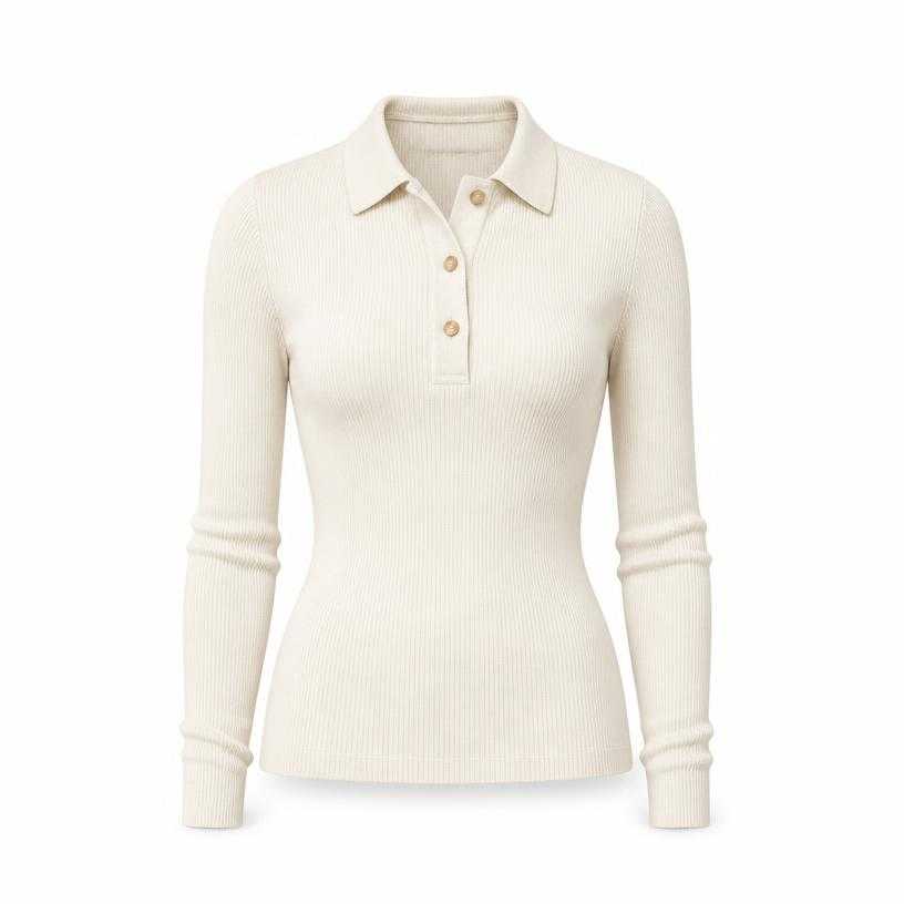 Generated item image of fitted cream white collared ribbed knit button-front top