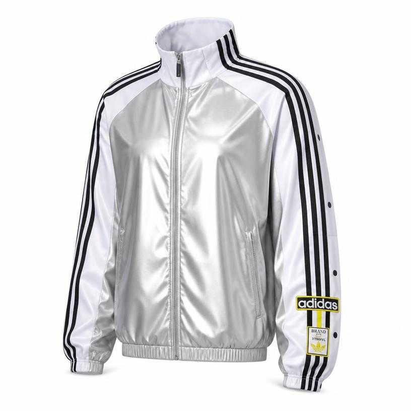 Generated item image of relaxed silver, white, and black high collar shiny synthetic fabric track jacket
