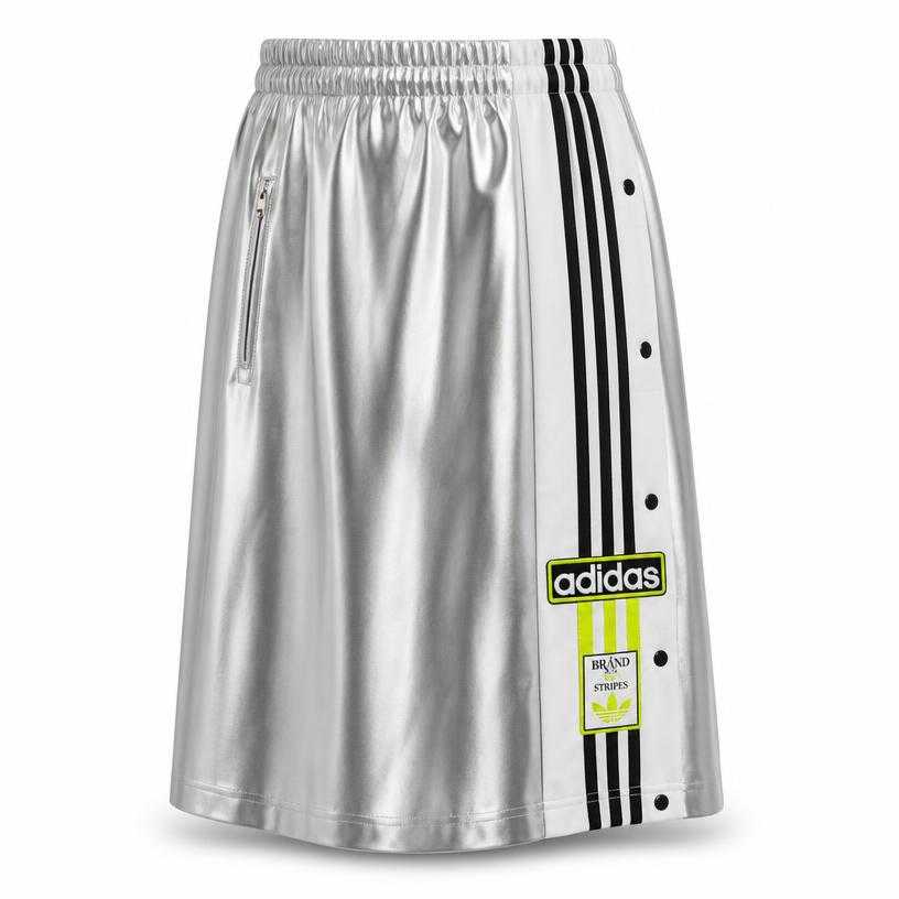 Generated item image of relaxed silver, white, and black knee-length shiny synthetic fabric skirt