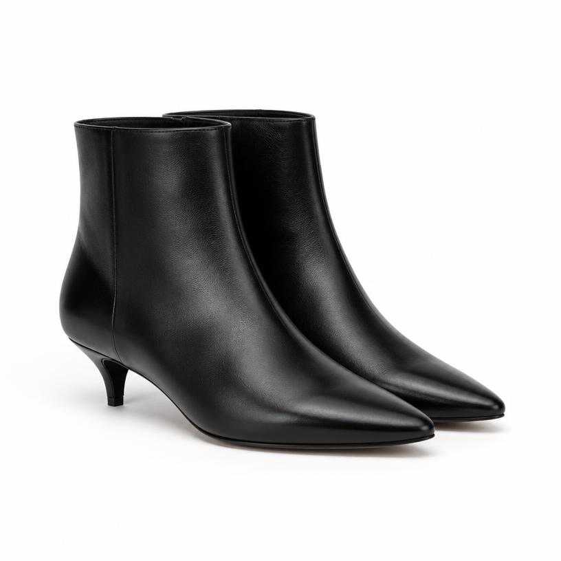 Generated item image of fitted black pointed toe smooth leather heeled boots