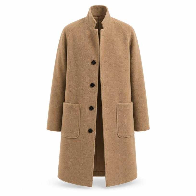 Generated item image of relaxed camel beige stand collar wool-like fabric overcoat