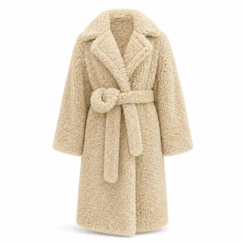Generated item image of oversized cream long belted shearling coat