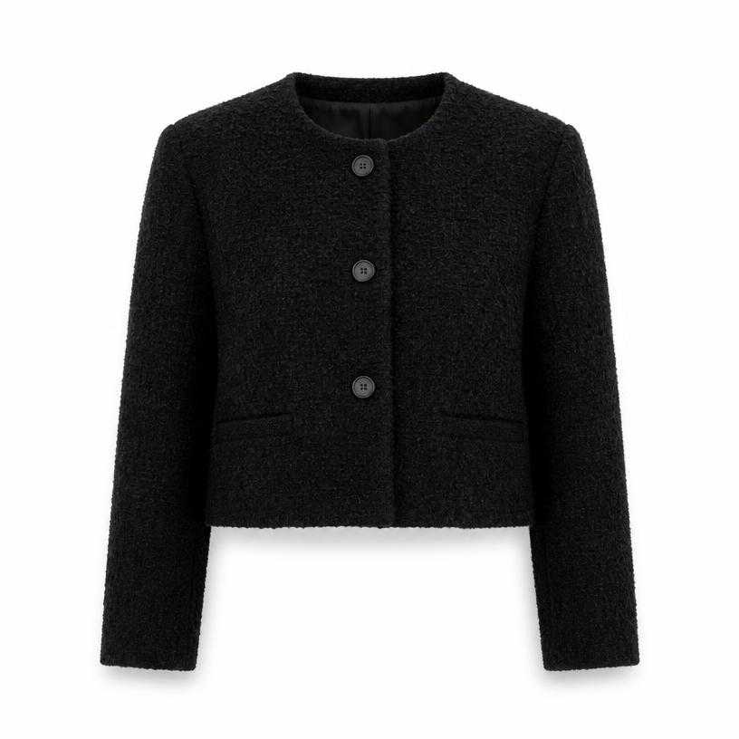 Generated item image of relaxed black textured boucle-like fabric cropped jacket