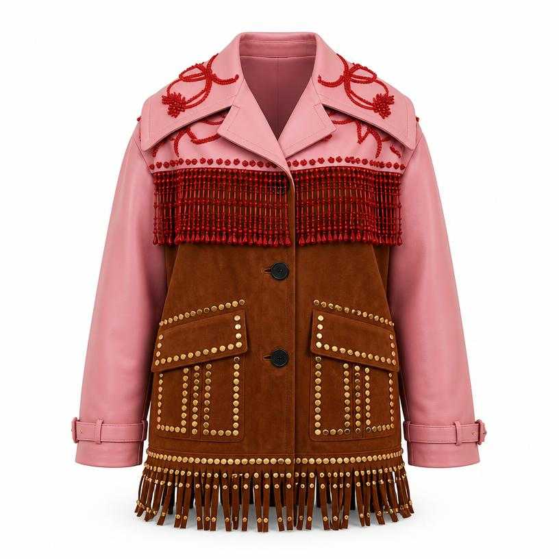 Generated item image of relaxed pink and chestnut brown embellished fringed jacket