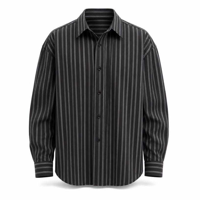 Generated item image of relaxed charcoal grey striped woven shirting fabric button-up shirt
