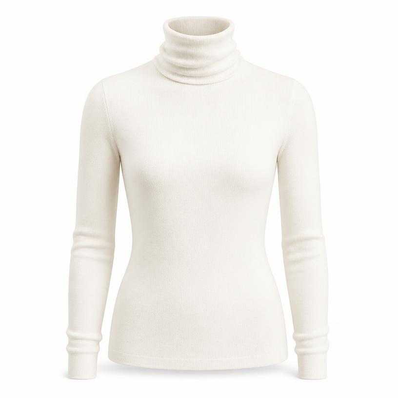 Generated item image of fitted white high neck smooth knit turtleneck top