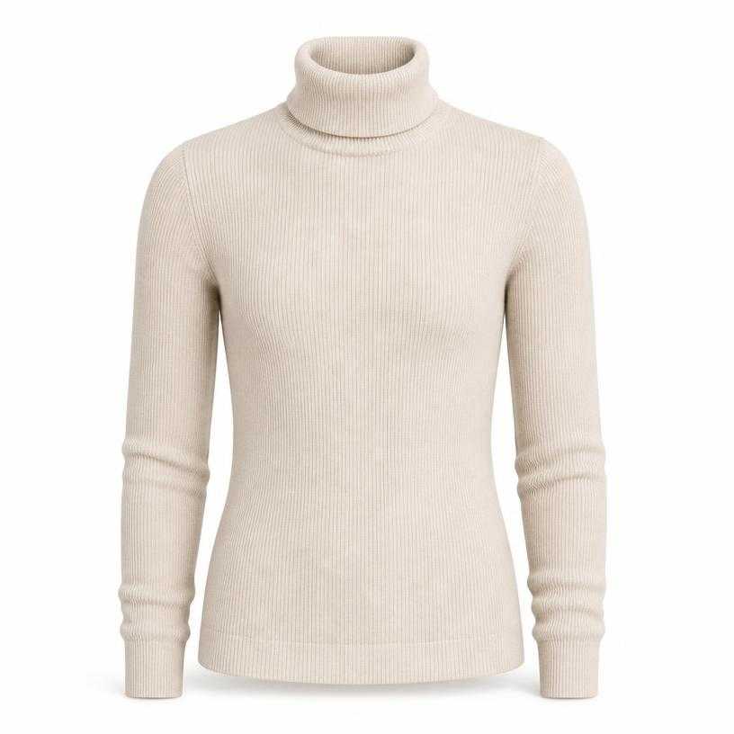 Generated item image of fitted light beige ribbed knit turtleneck sweater