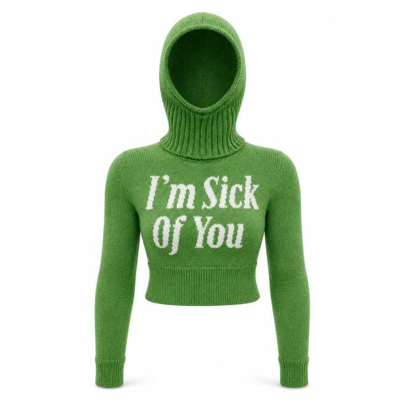 Generated item image of fitted green cropped hooded knit top