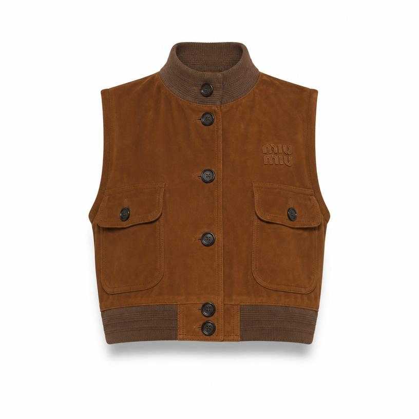 Generated item image of relaxed warm brown button-front brushed fabric cropped vest