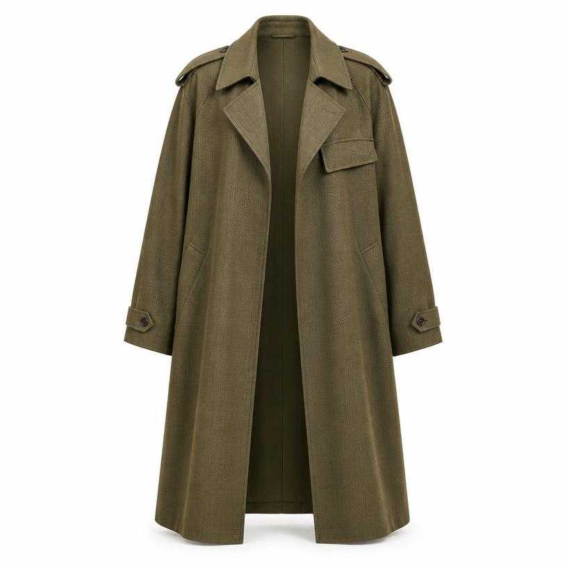 Generated item image of relaxed olive green long textured woven fabric coat