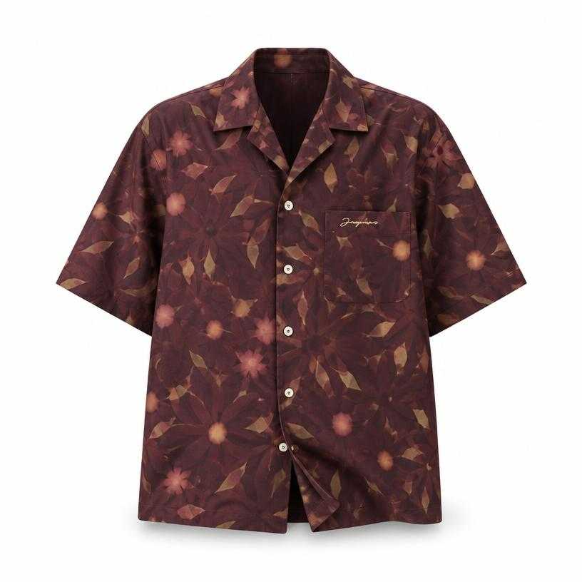Generated item image of relaxed burgundy print short-sleeve woven fabric button-up shirt