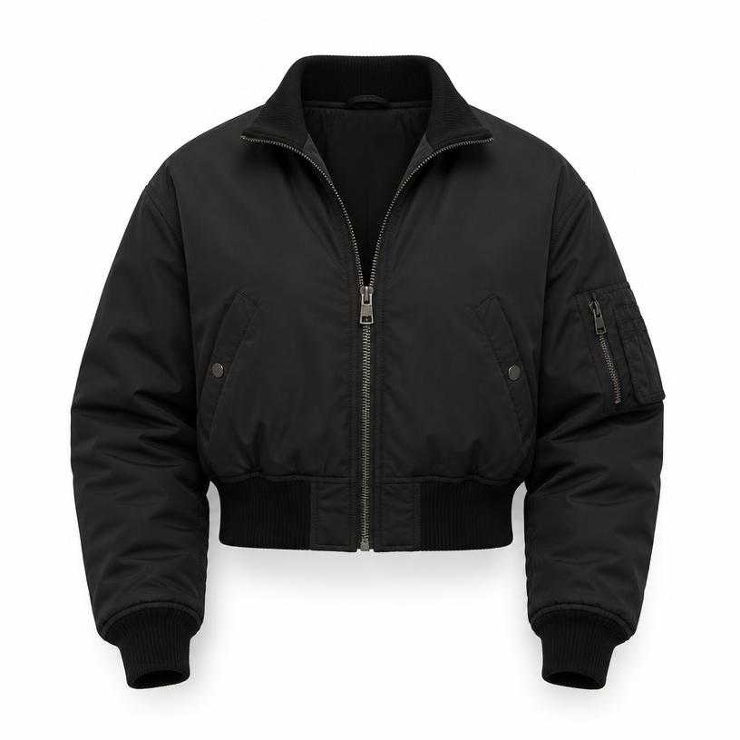 Generated item image of relaxed black cropped nylon-like shell bomber jacket
