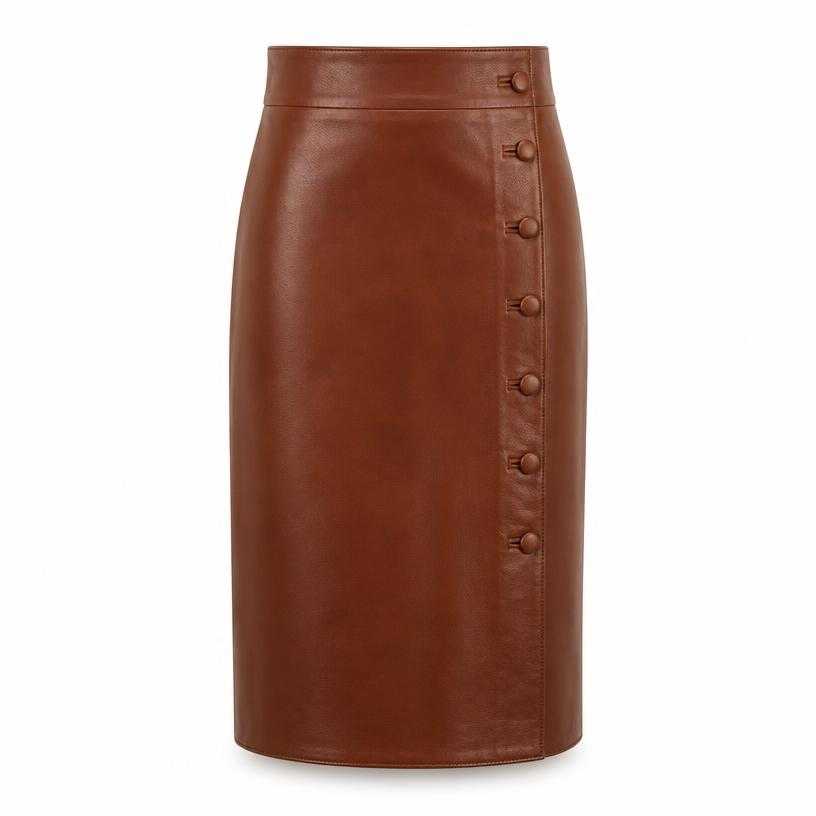 Generated item image of fitted cognac brown high-waisted smooth leather skirt