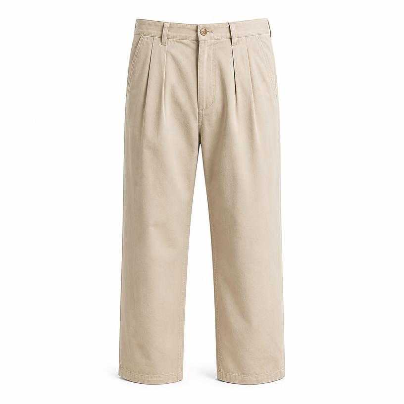 Generated item image of relaxed light beige pleated cotton twill trousers