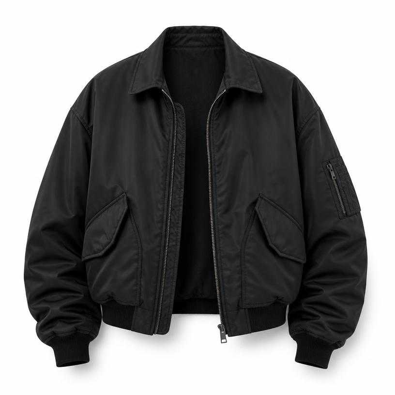 Generated item image of oversized black cropped nylon-like fabric bomber jacket