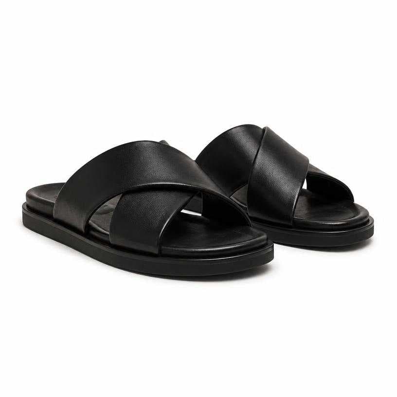 Generated item image of black open-toe leather-like sandals